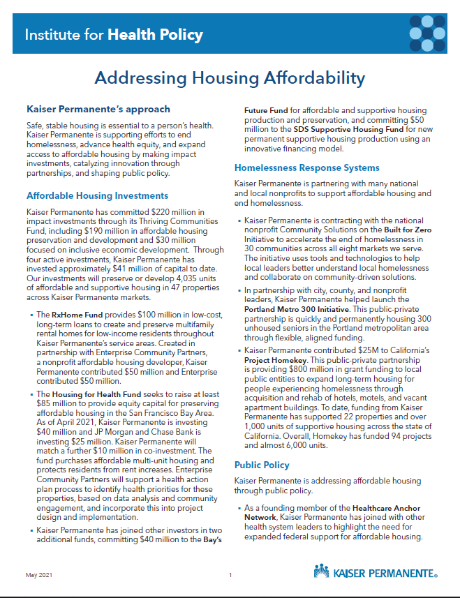 Addressing housing affordability and health Kaiser Permanente