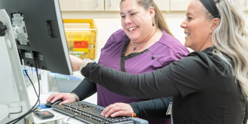 Healthcare workers at a computer
